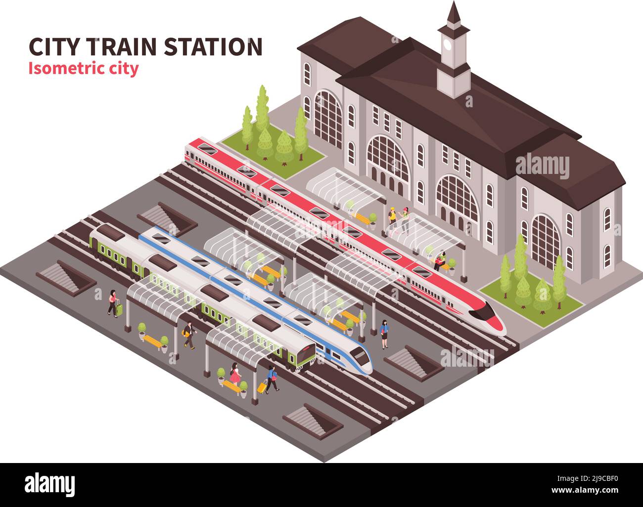 Composizione della stazione ferroviaria isometrica con edificio storico del terminal e. binari ferroviari con piattaforme e illustrazioni vettoriali passeggeri Illustrazione Vettoriale