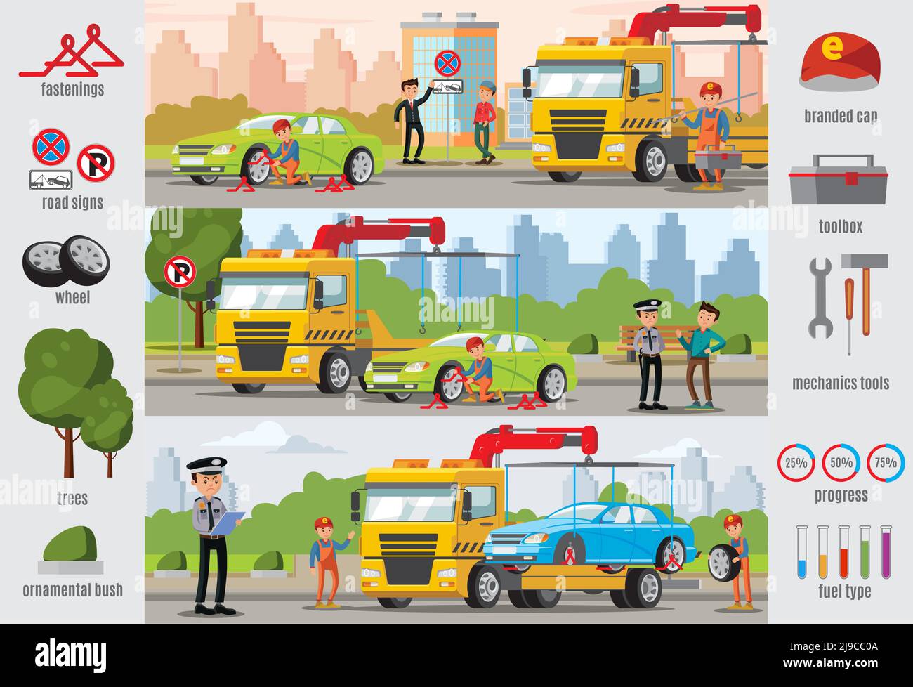 Modello infografico di evacuazione del trasporto con autisti poliziotti addetti al traino di autocarri illustrazione vettoriale delle attrezzature e degli attrezzi per auto Illustrazione Vettoriale