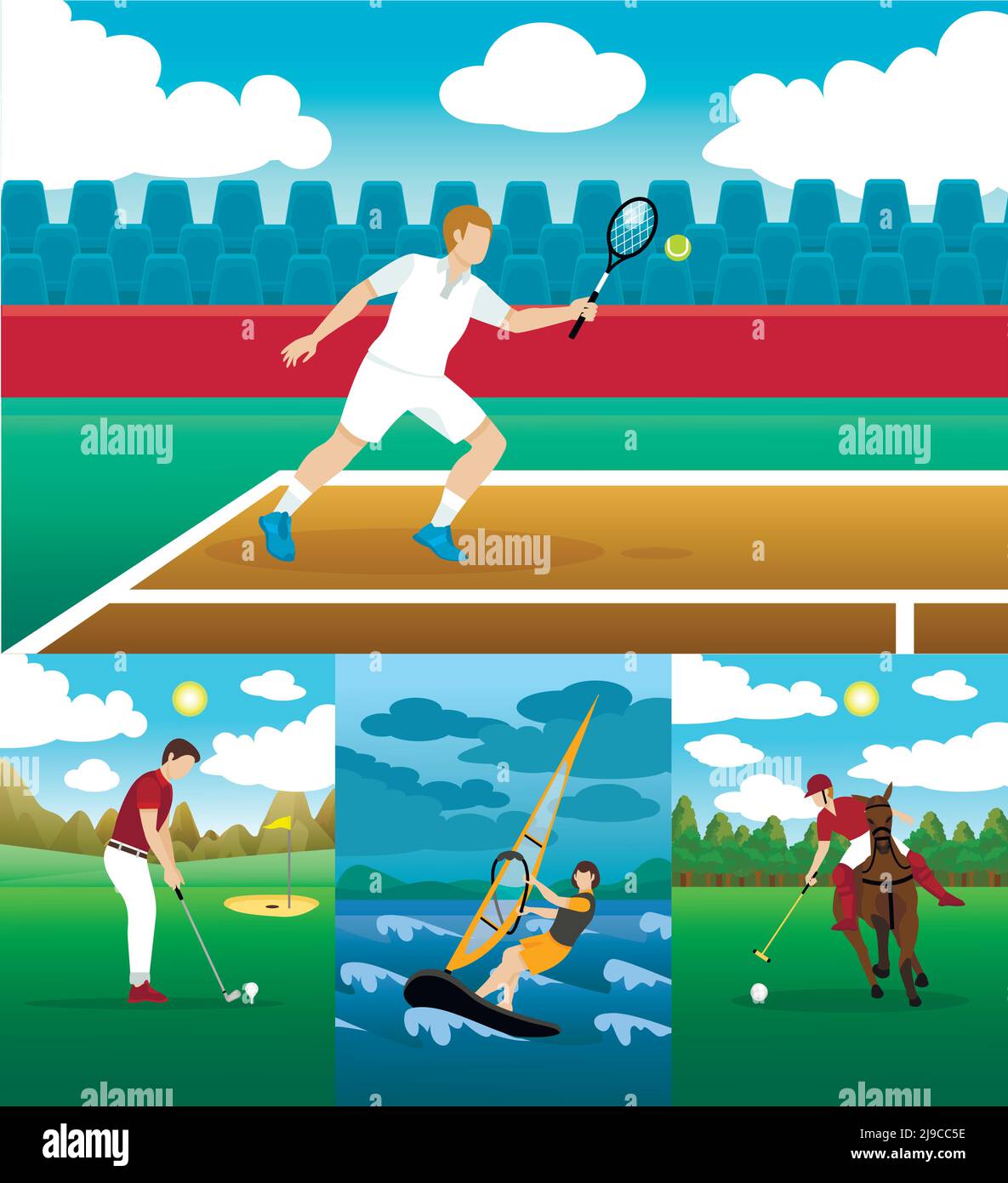 Colorata collezione di attività ricreative con persone che giocano a tennis golf polo e illustrazione vettoriale di windsurf Illustrazione Vettoriale