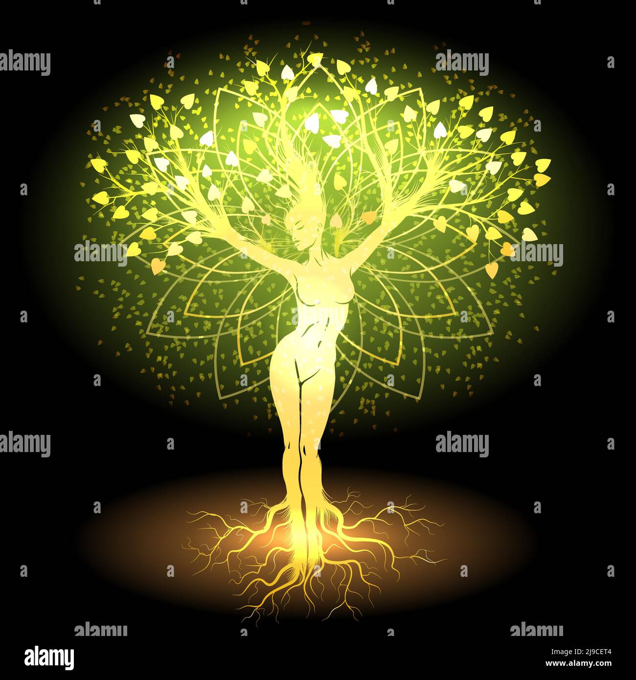 Corpo femminile come un albero d'oro isolato su sfondo nero. Illustrazione vettoriale. Illustrazione Vettoriale