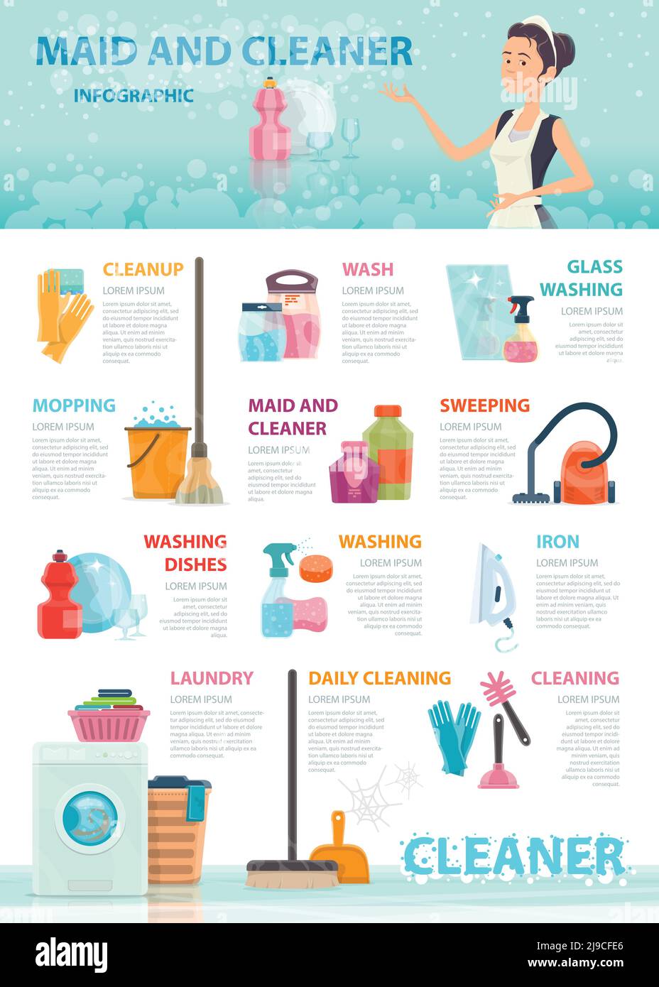 Concetto infografico di pulizia con gli attrezzi domestici e domestici di rifornimento illustrazione vettoriale degli apparecchi Illustrazione Vettoriale