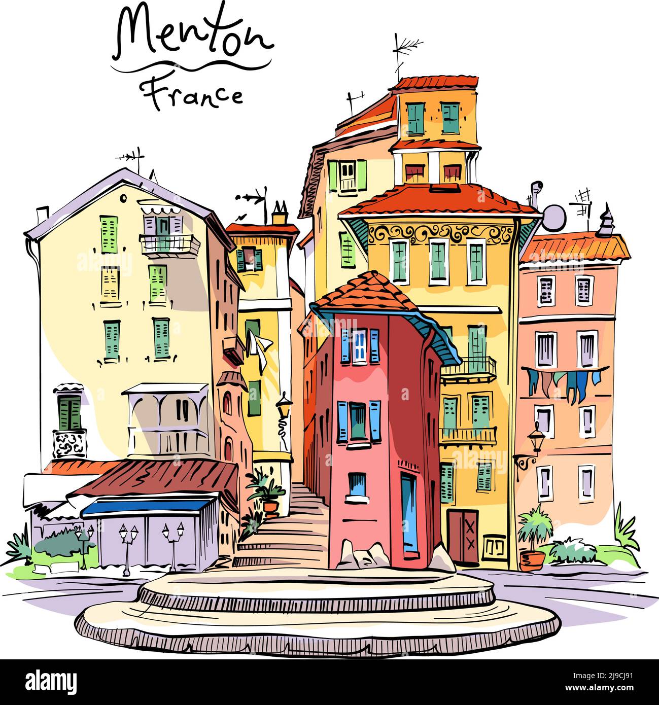 Disegno vettoriale a mano. Tipiche case provenzali colorate a Menton, Provenza, Francia Illustrazione Vettoriale