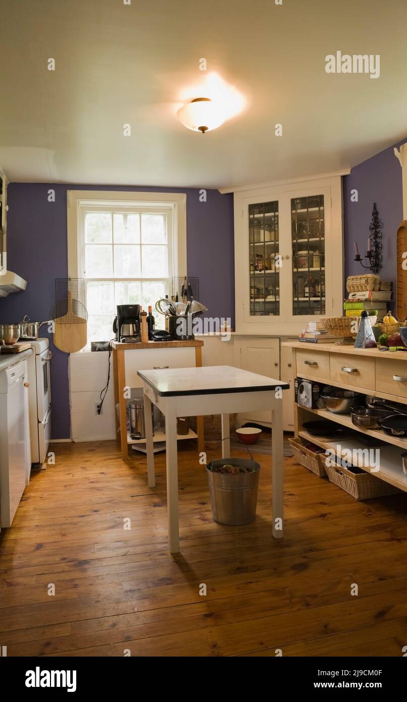 Cucina in stile rustico dipinta di viola e arredi all'interno di una vecchia casa in stile cottage del 1857 circa. Foto Stock