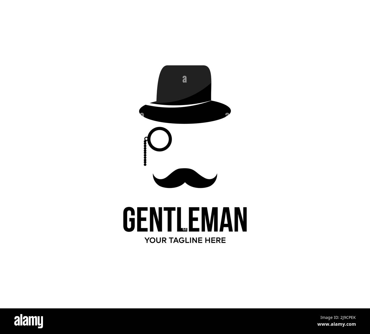 Gentleman vintage testa elementi set logo design. Cappello nero, occhiali, baffi, accessori classici. Realista vettore stile moda maschile retro. Illustrazione Vettoriale