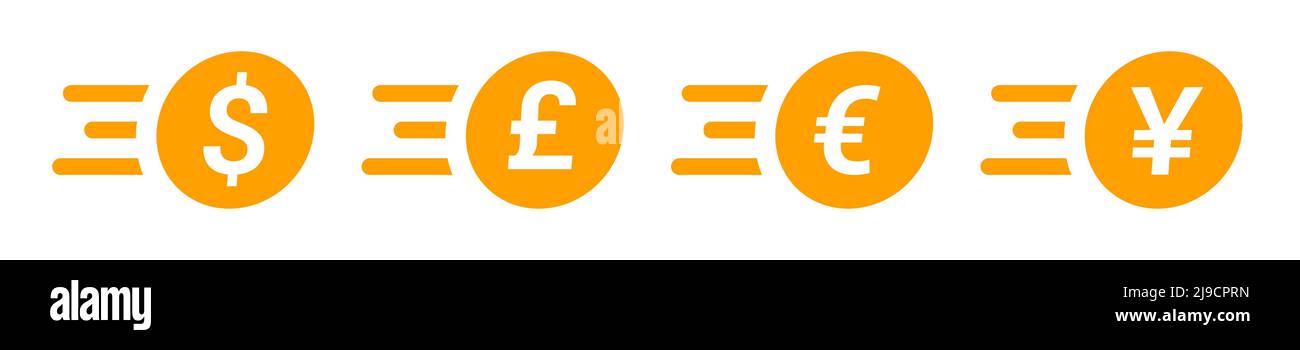 Moneta icone web, con veloce ventosa linee. Set vettoriale con logo giallo per il trasferimento di denaro, con simboli di valuta Dollaro, Sterlina, Euro e Yuan, isolati su sfondo bianco. Illustrazione Vettoriale