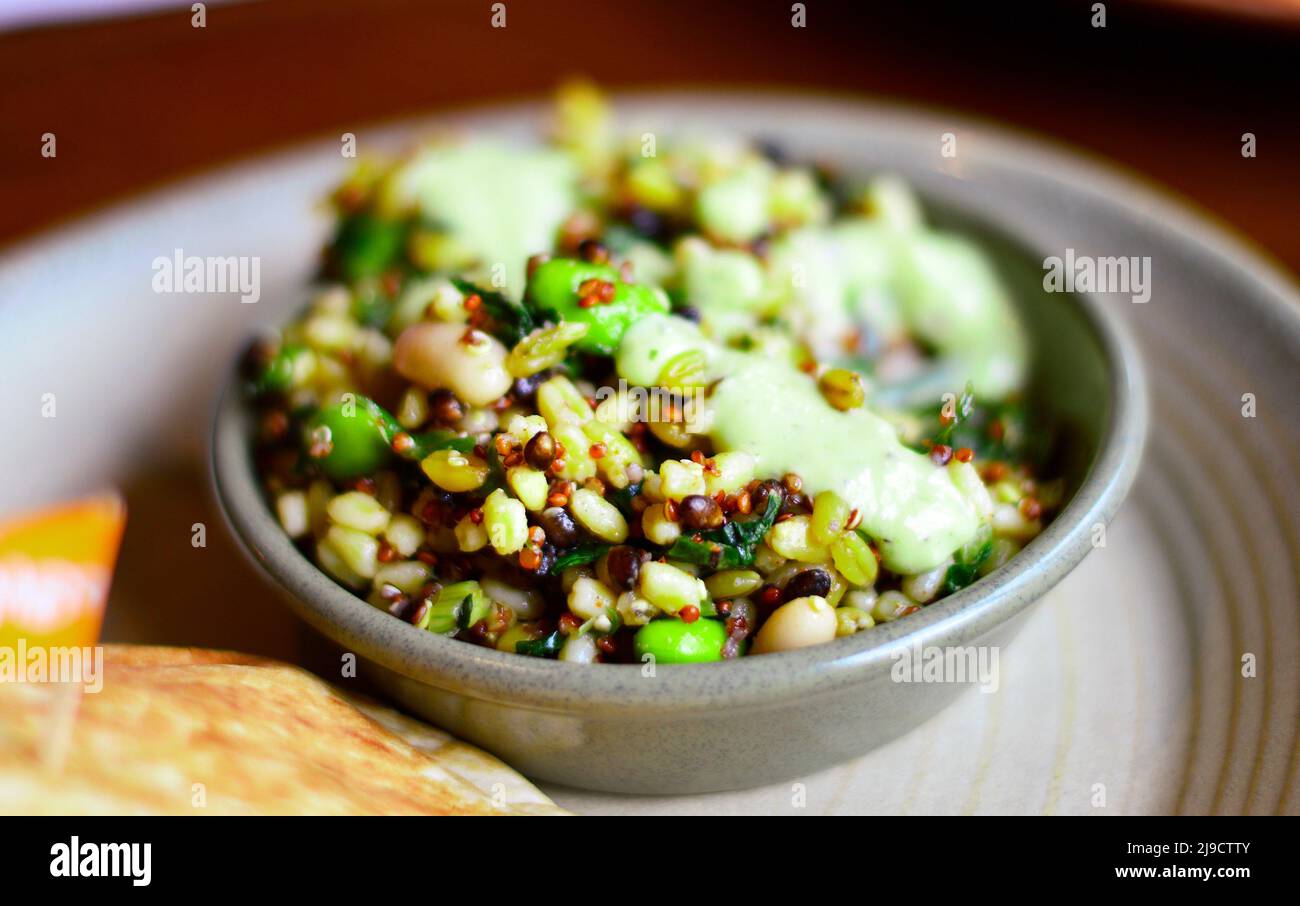 Primo piano di insalata superfood sana con proteine ricche tra cui quinoa, avocado, fagioli e cereali. Foto Stock