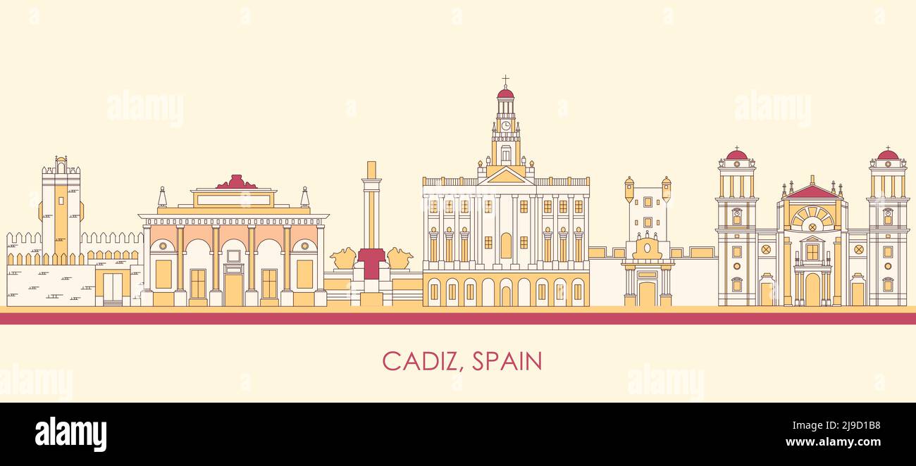 Cartoon Skyline panorama di Cadice, Andalusia, Spagna - illustrazione vettoriale Illustrazione Vettoriale