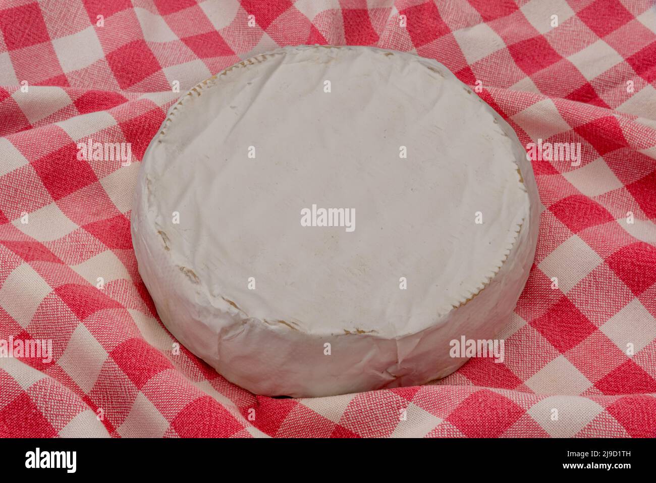 Ruota di Brie Cream Cheese su una tovaglia a scacchi rossa Foto Stock