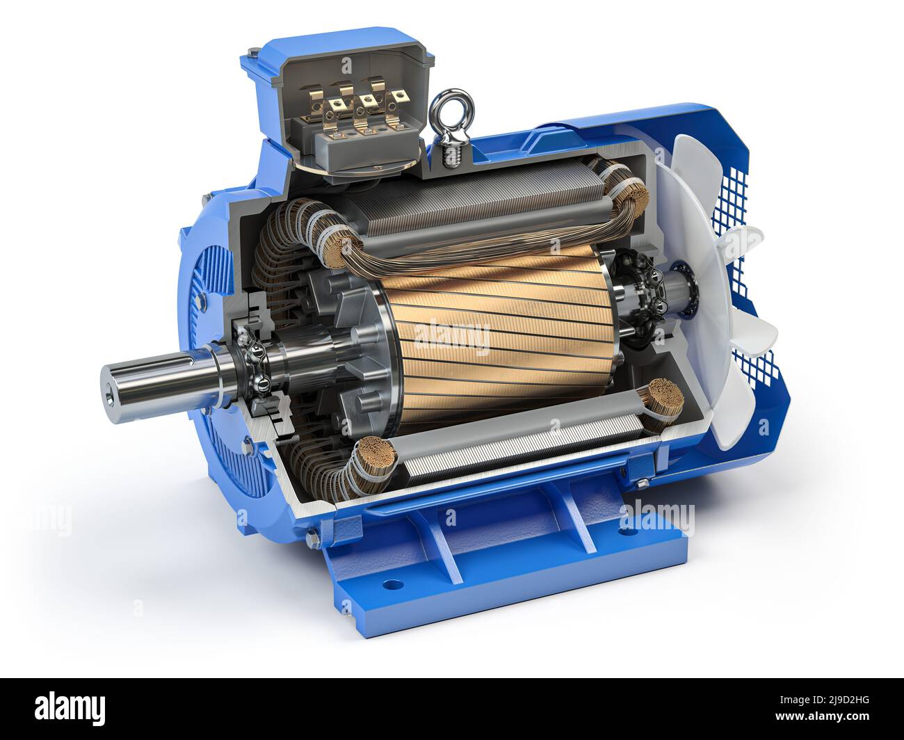 Sezione trasversale del motore elettrico industriale. Componenti e struttura del motore elettrico isolati su sfondo bianco. 3d illustrazione Foto Stock