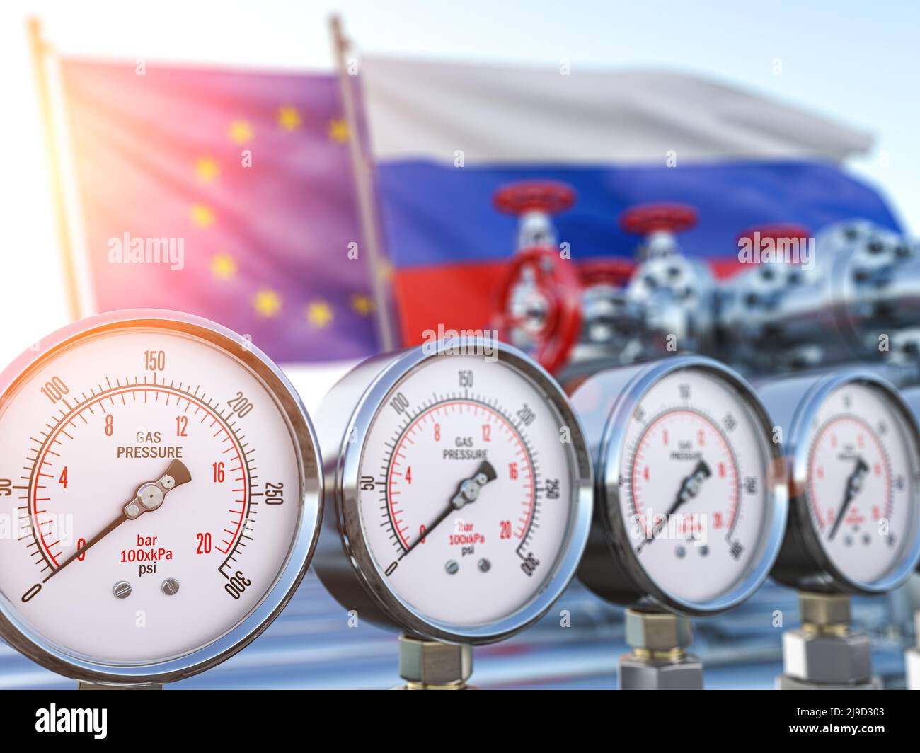 Gasdotto con indicatore a pressione zero e bandiere UE e Russia. Concetto di crisi energetica e di sacczioni. 3d illustrazione Foto Stock