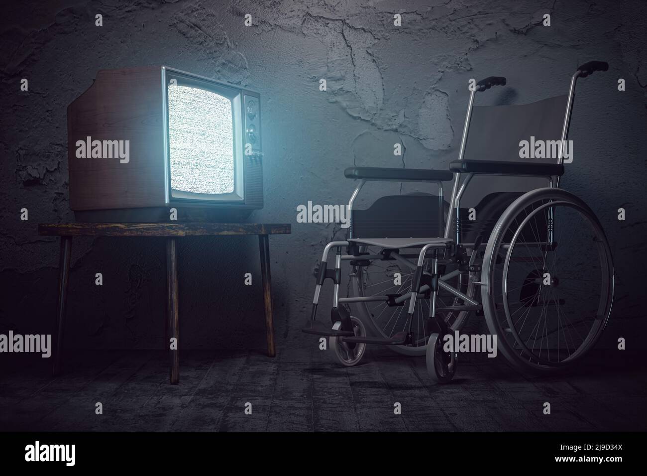 Sedia a rotelle e televisore vintage. Vita depressiva di una persona solitario disabili in un concetto di casa di cura. 3d illustrazione Foto Stock