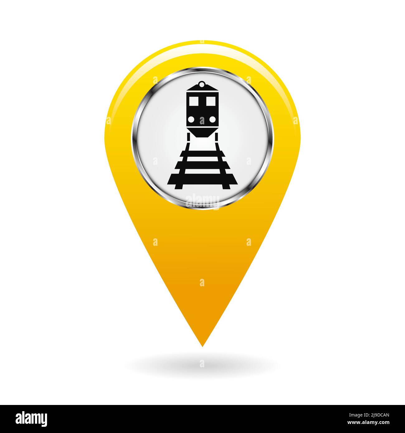 Puntatore della mappa. Indice del traffico ferroviario. Il treno e la locomotiva. Rischio di urti o collisioni. Simbolo di sicurezza. Oggetto giallo su sfondo bianco. Vet Illustrazione Vettoriale