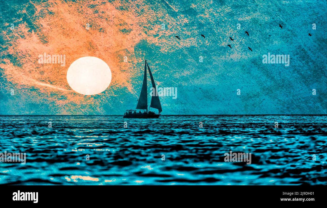 Una barca a vela che si staglia contro Un colorato cielo serale in Illustration Painting Format Foto Stock