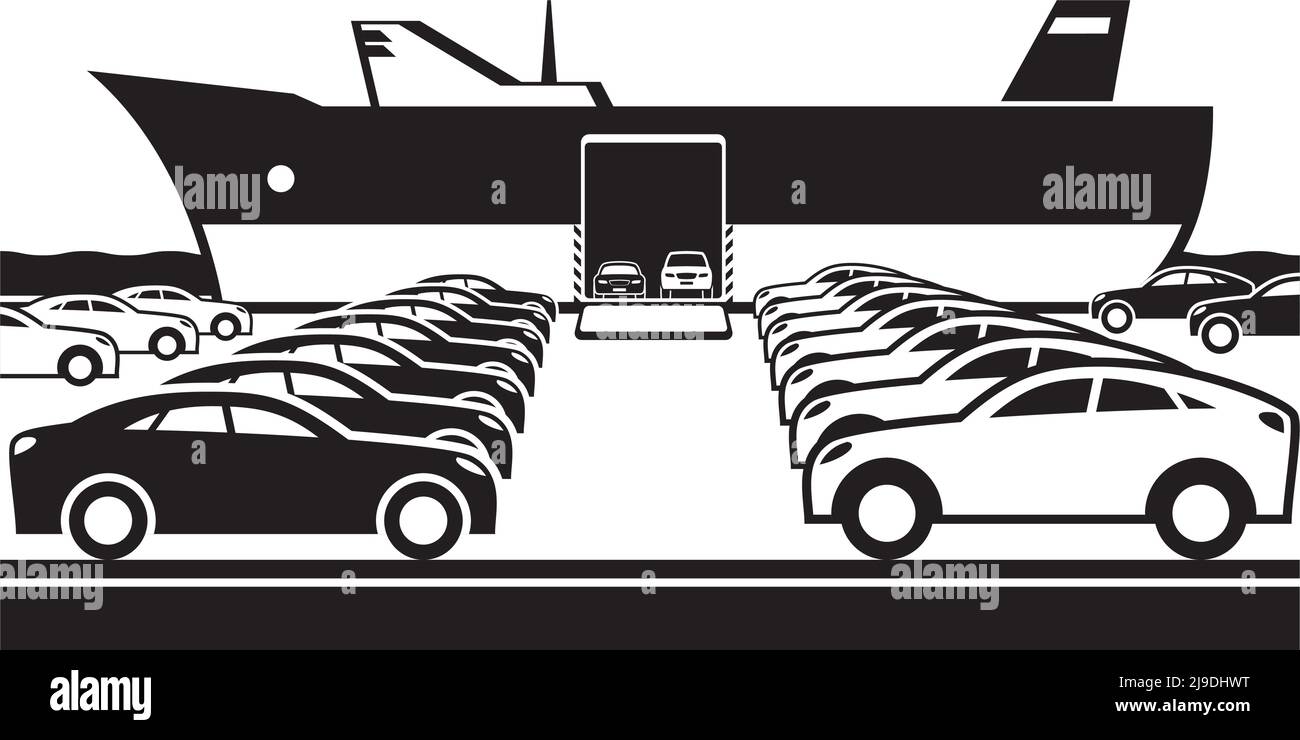 Nave traghetto scarico nuove automobili - illustrazione vettoriale Illustrazione Vettoriale
