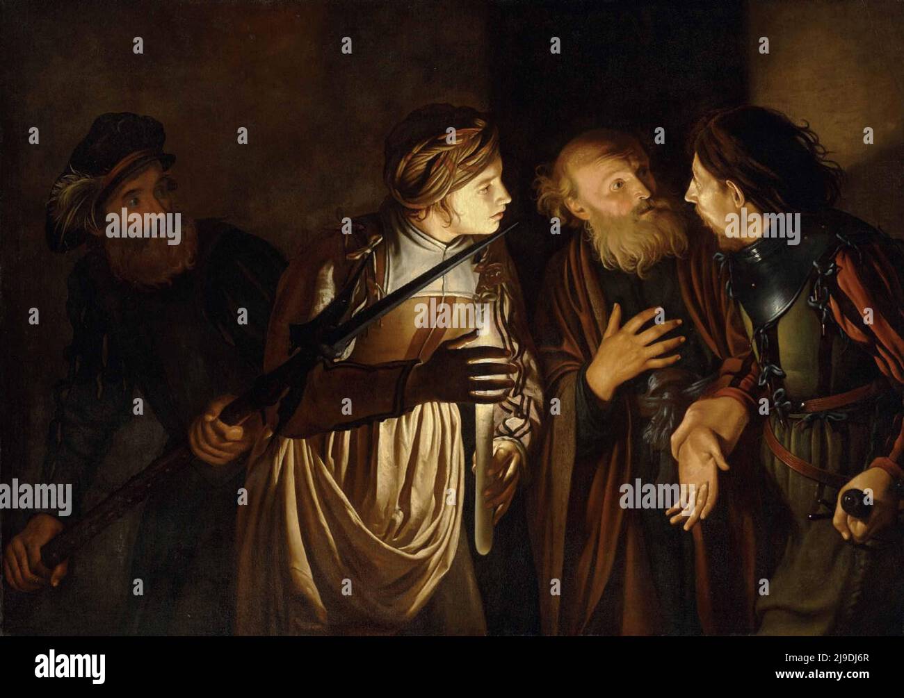 Il Denial di San Pietro dipinto da Adam de Coster. Questo dipinto raffigura la scena in cui, dopo l'arresto di Gesù, San Pietro nega di conoscerlo quando viene confonito dalle autorità. Foto Stock