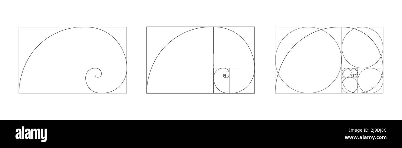 Icona Golden Ratio. Spirale logaritmica in cornice rettangolare fratturato su quadrati e cerchi. Segno di sequenza Fibonacci. Modello ideale per le proporzioni di simmetria per la fotografia. Illustrazione del contorno vettoriale Illustrazione Vettoriale