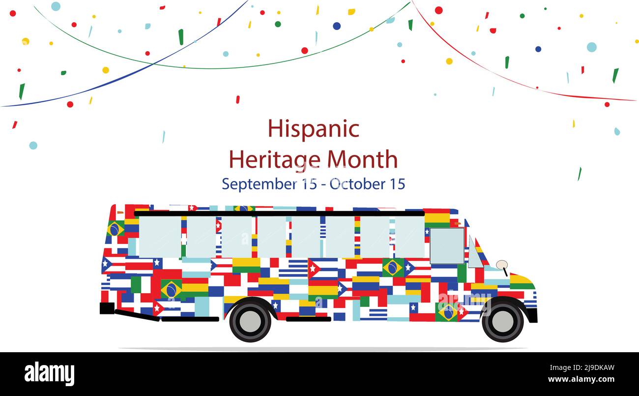 Bandiere diverse d'America su silhouette scuolabus con confetti, banner vettoriale web, poster, design. Diversità culturale ed etnica. Ispanico nazionale Foto Stock