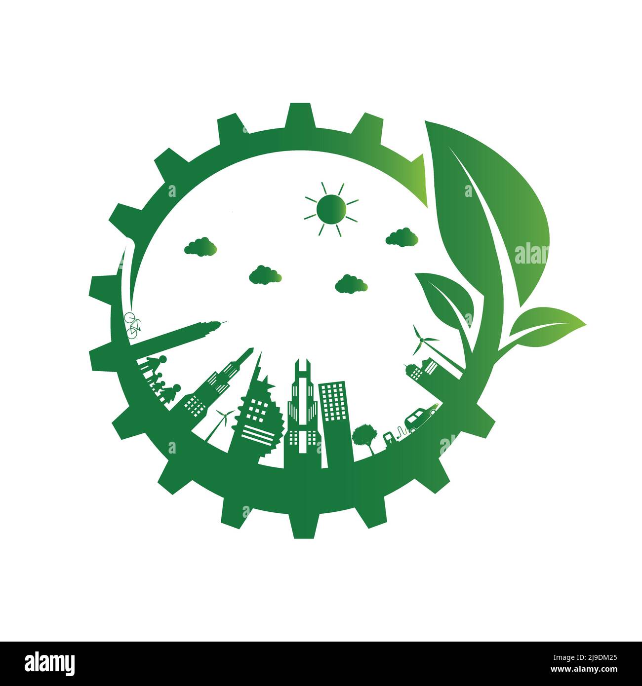 Ecologia gear.Green città aiutare il mondo con eco-friendly concetto idee, illustrazione vettoriale Illustrazione Vettoriale