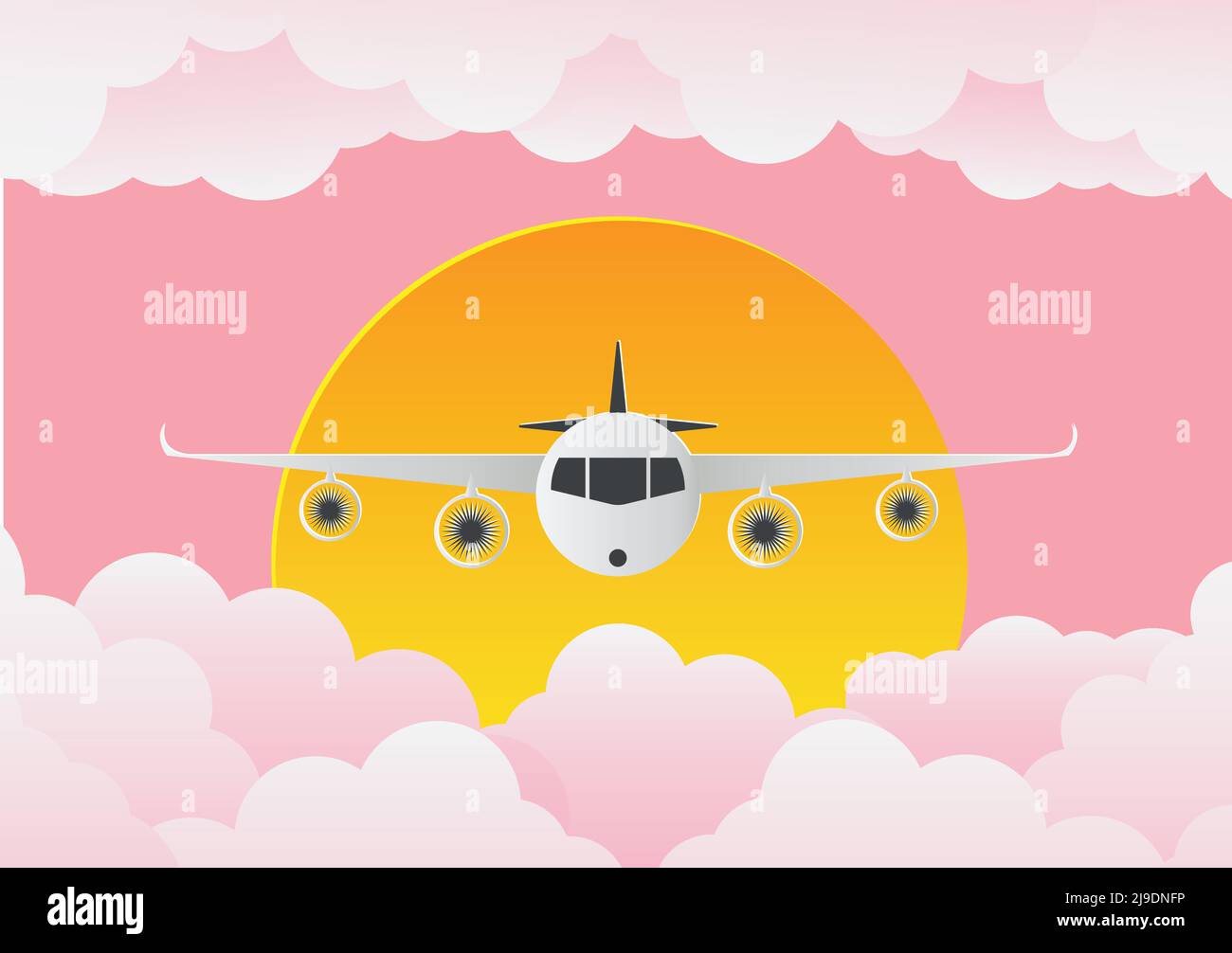 Aeroplano con nuvole e sole su sfondo rosa Illustrazione Vettoriale