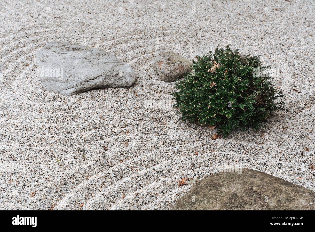 spiritualità e pietra di purezza in cerchi di sabbia fondo spa in giardino zen concetto per il relax concentrazione e meditazione. Foto Stock