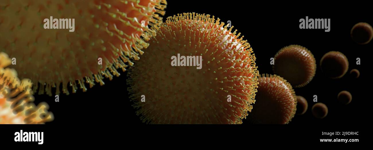 Virus Covid-19, pandemia di Coronavirus, virus influenzale che minaccia la salute su sfondo nero Foto Stock