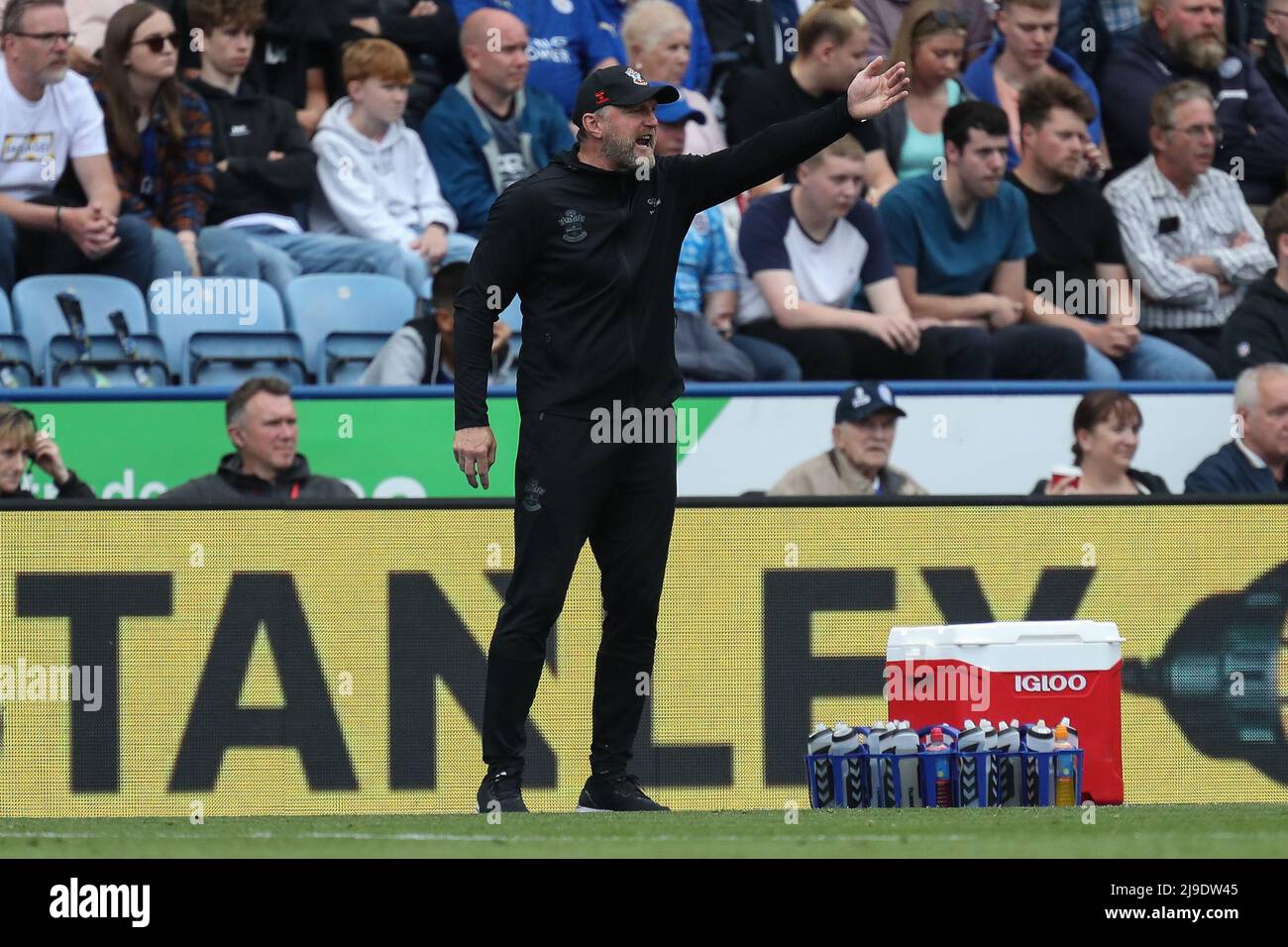 Leicester, Regno Unito. 22nd maggio 2022. Ralph Hasenhüttl manager di Southampton gesti e reagisce durante il gioco a Leicester, Regno Unito il 5/22/2022. (Foto di James Heaton/News Images/Sipa USA) Credit: Sipa USA/Alamy Live News Foto Stock