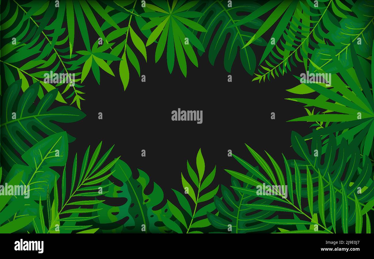 Tropicale foliage alla moda banner card stile piatto scuro. Luxury background elite nero screen saver modello promozionale cosmetici organici esotici. Festa a tema invito biglietto visita salone di bellezza Illustrazione Vettoriale