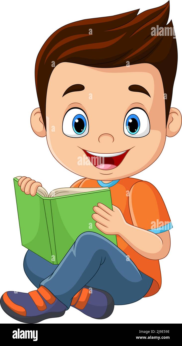 Piccolo ragazzo cartoon seduto e leggere un libro Illustrazione Vettoriale