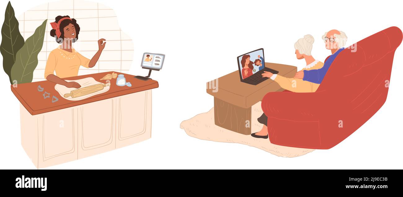 Culinary vlog online, chat video persone anziane Illustrazione Vettoriale
