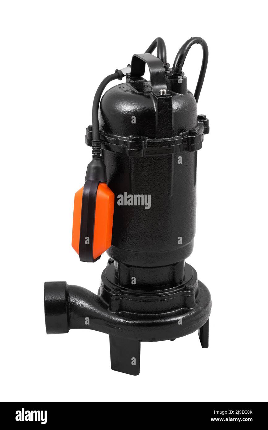 Pompa di drenaggio sommersa automatica nera con tubo su sfondo bianco isolato in studio Foto Stock