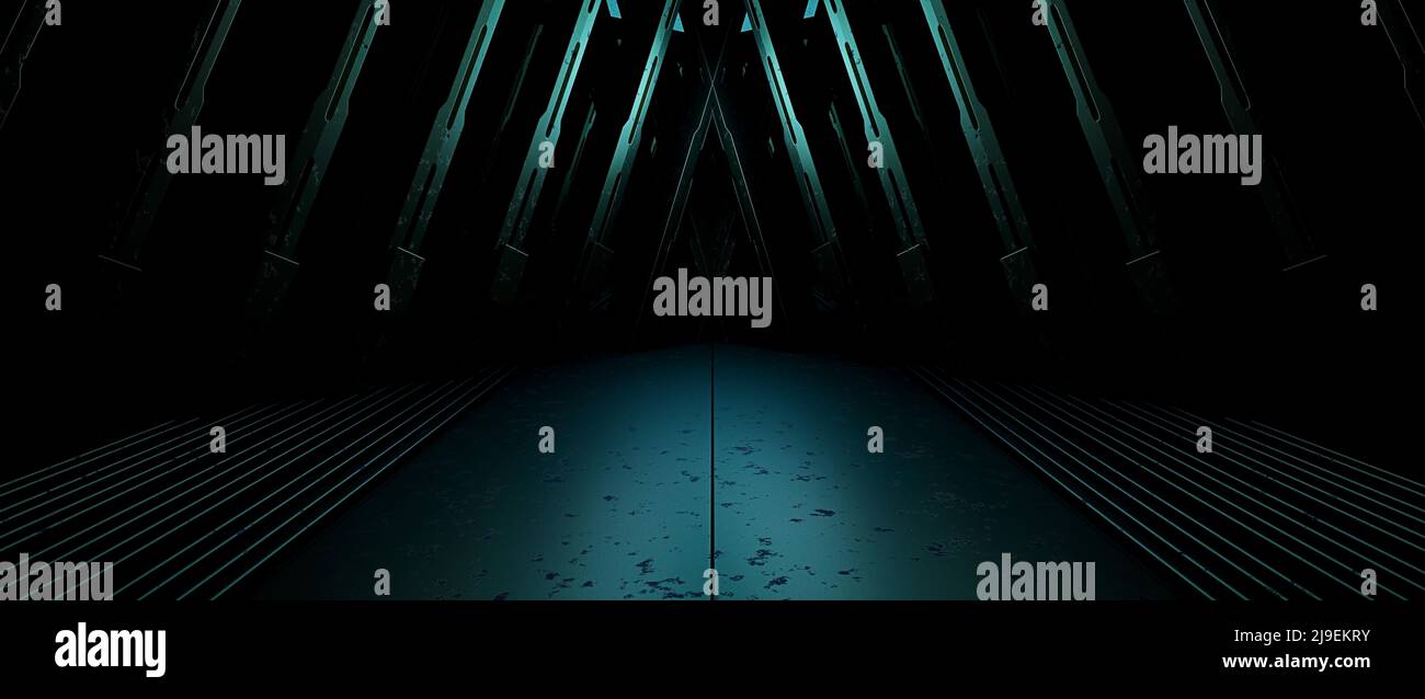 Futuristica Industrial Metallic Reflective Studio Room illuminato Blu Turchese Banner sfondo Alien Concept 3D rendering Foto Stock
