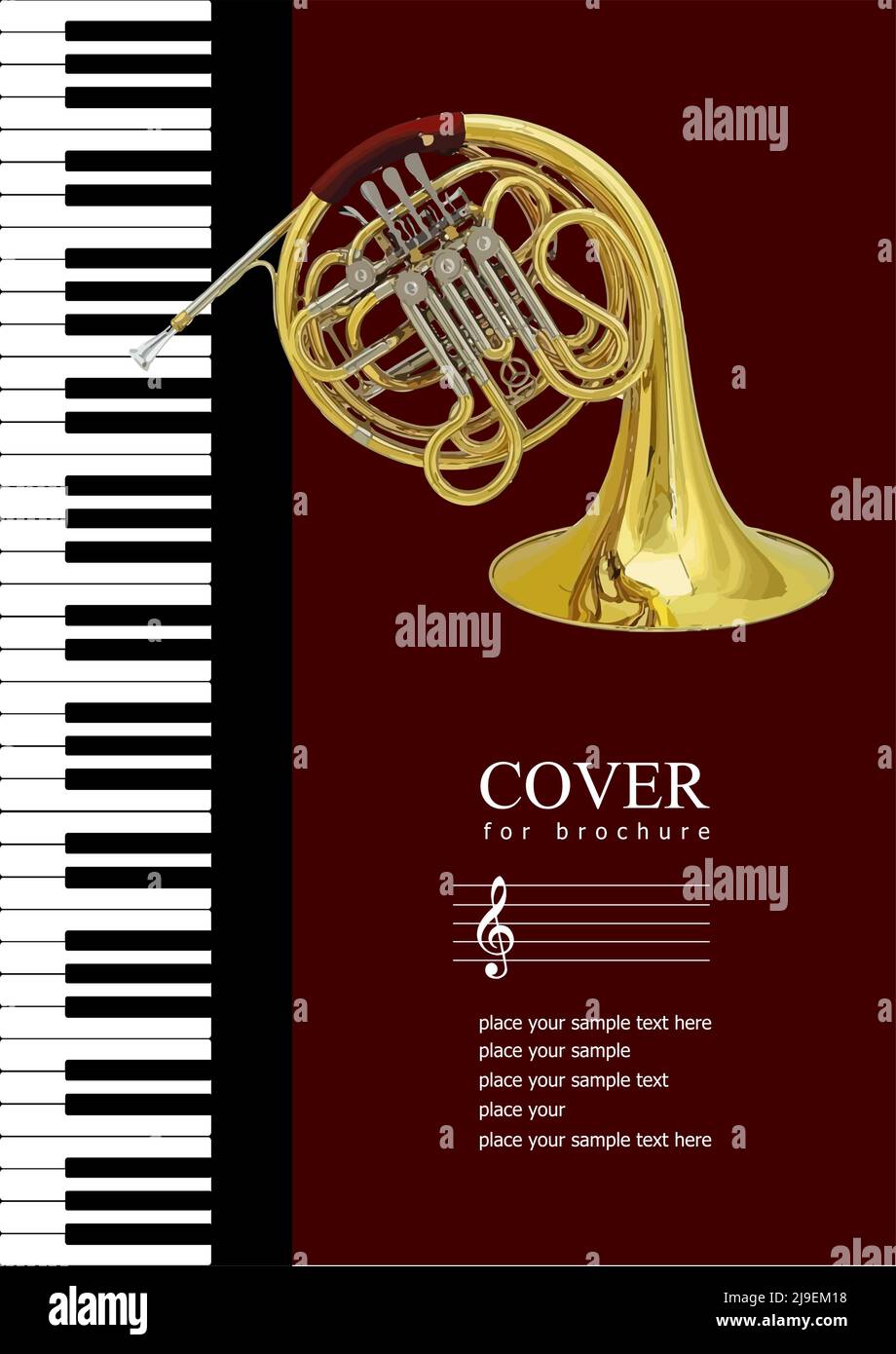 Copertina per brochure con immagini di pianoforte e corno francese. Illustrazione del vettore 3D Illustrazione Vettoriale