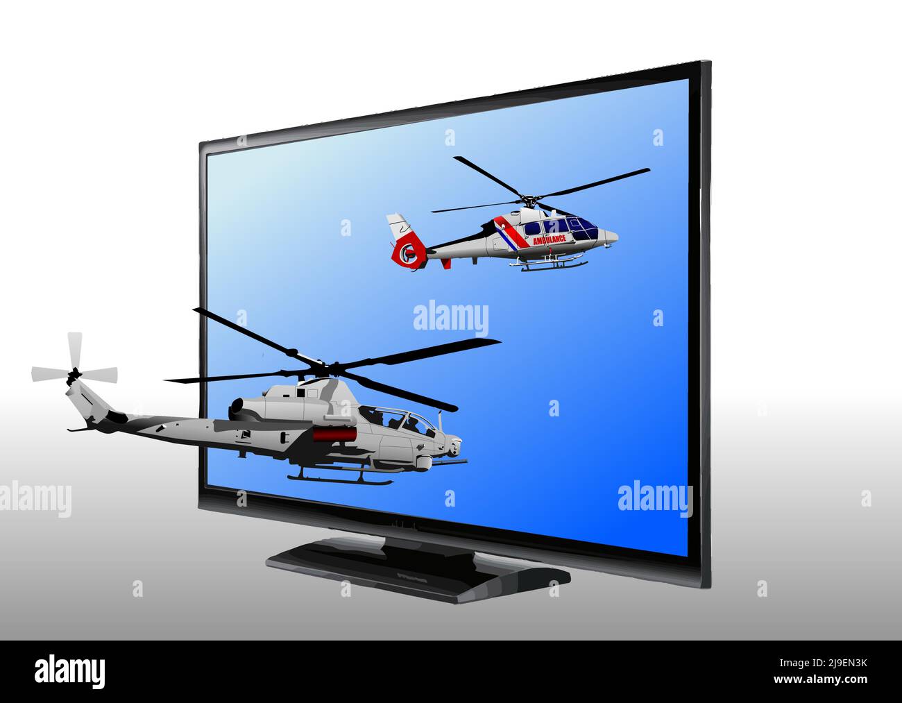 Elicotteri dell'esercito sullo schermo della tv. Illustrazione astratta del vettore 3D Illustrazione Vettoriale