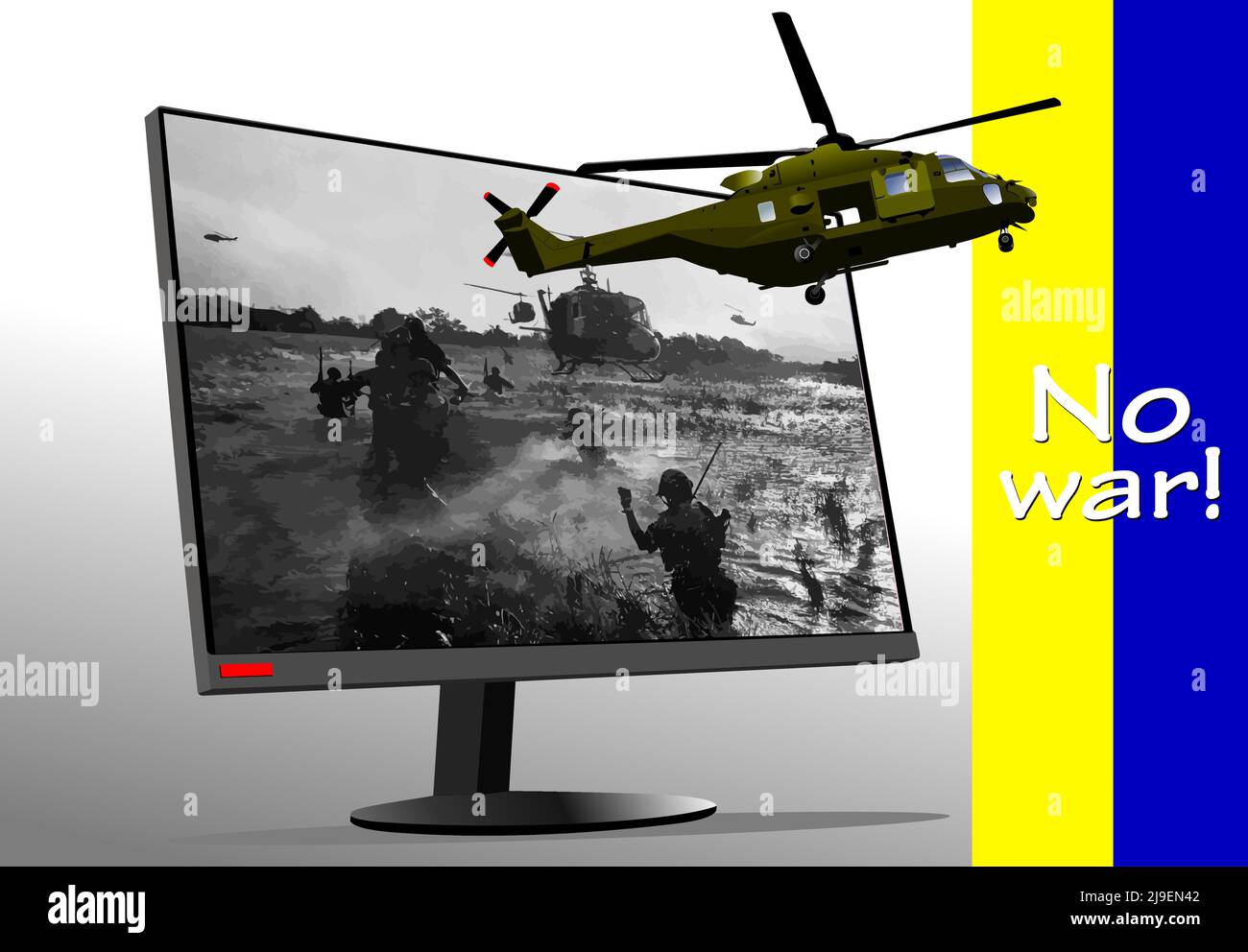 Immagine astratta con schermo tv e immagine elicottero. Nessuna guerra! 3d illustrazione vettoriale Illustrazione Vettoriale