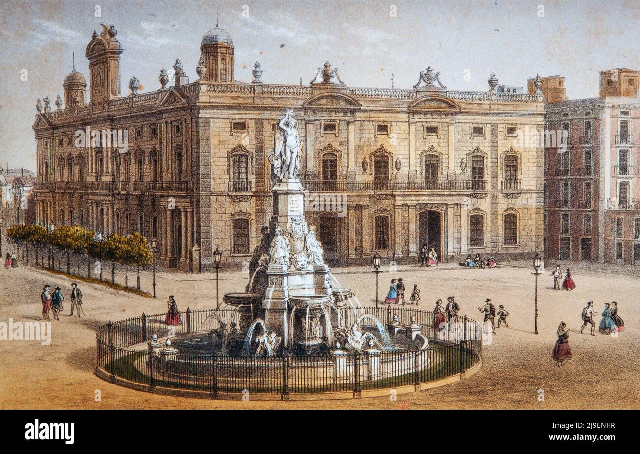 Fuente del Geni Català, Pla de Palau, Barcellona, siglo XIX Museo de Historia de Barcelona. Foto Stock