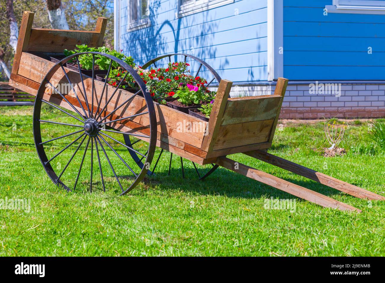 Vintage carretto in legno con vasi di fiori si erge su erba verde giardino  in un giorno d'estate Foto stock - Alamy