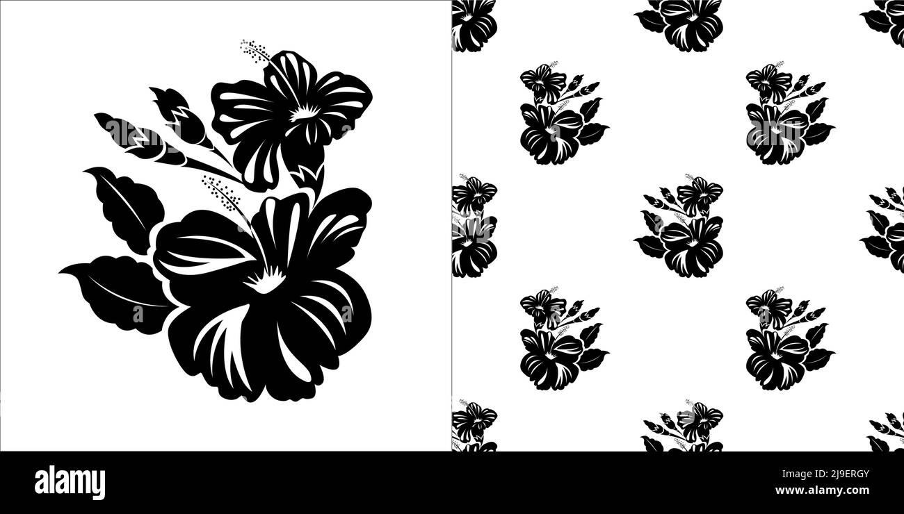 I fiori neri di Hibiscus con germogli e foglie isolati su sfondo bianco è in modo uniforme - illustrazione vettoriale Illustrazione Vettoriale