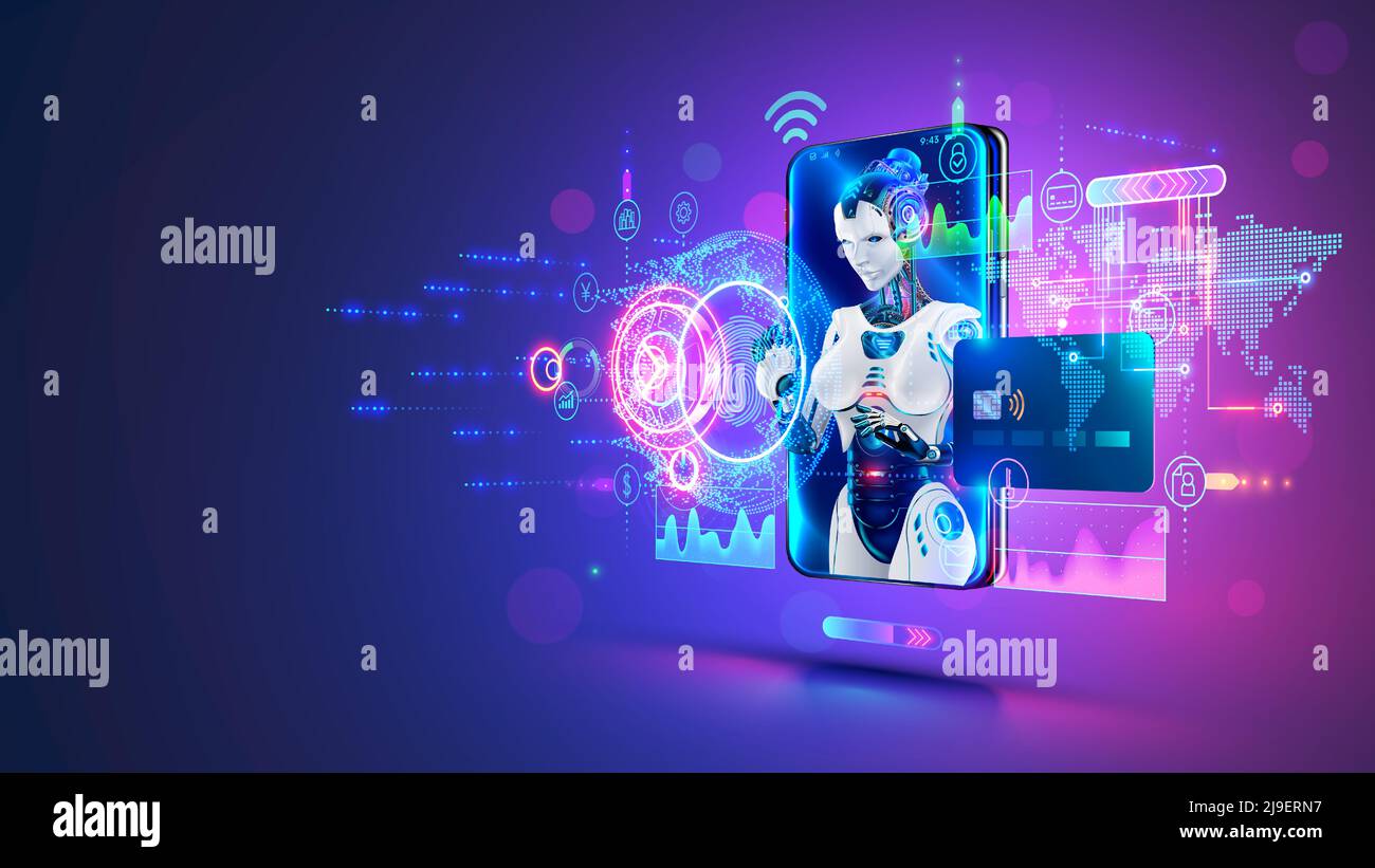 Bot chat bancaria con intelligenza artificiale su schermo. Intelligenza artificiale in fintech. Servizio chatbot di banca online. App con analisi finanziaria attivata Illustrazione Vettoriale