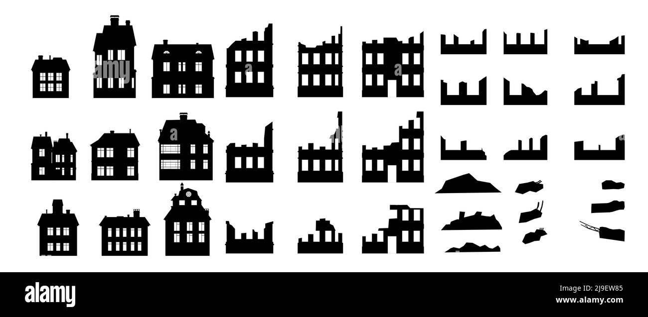 Set di case con finestre, muri rotti e macerie. Città rovinata. Apocalisse naturale o guerra. Triste paesaggio di distruzione. Isolato su backgroun bianco Illustrazione Vettoriale