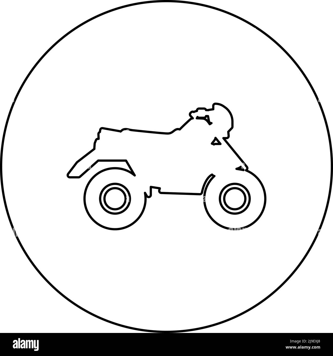 Quad moto ATV moto per corse di guida tutto il terreno icona veicolo in cerchio rotondo colore nero illustrazione vettoriale immagine contorno linea sottile stile Illustrazione Vettoriale