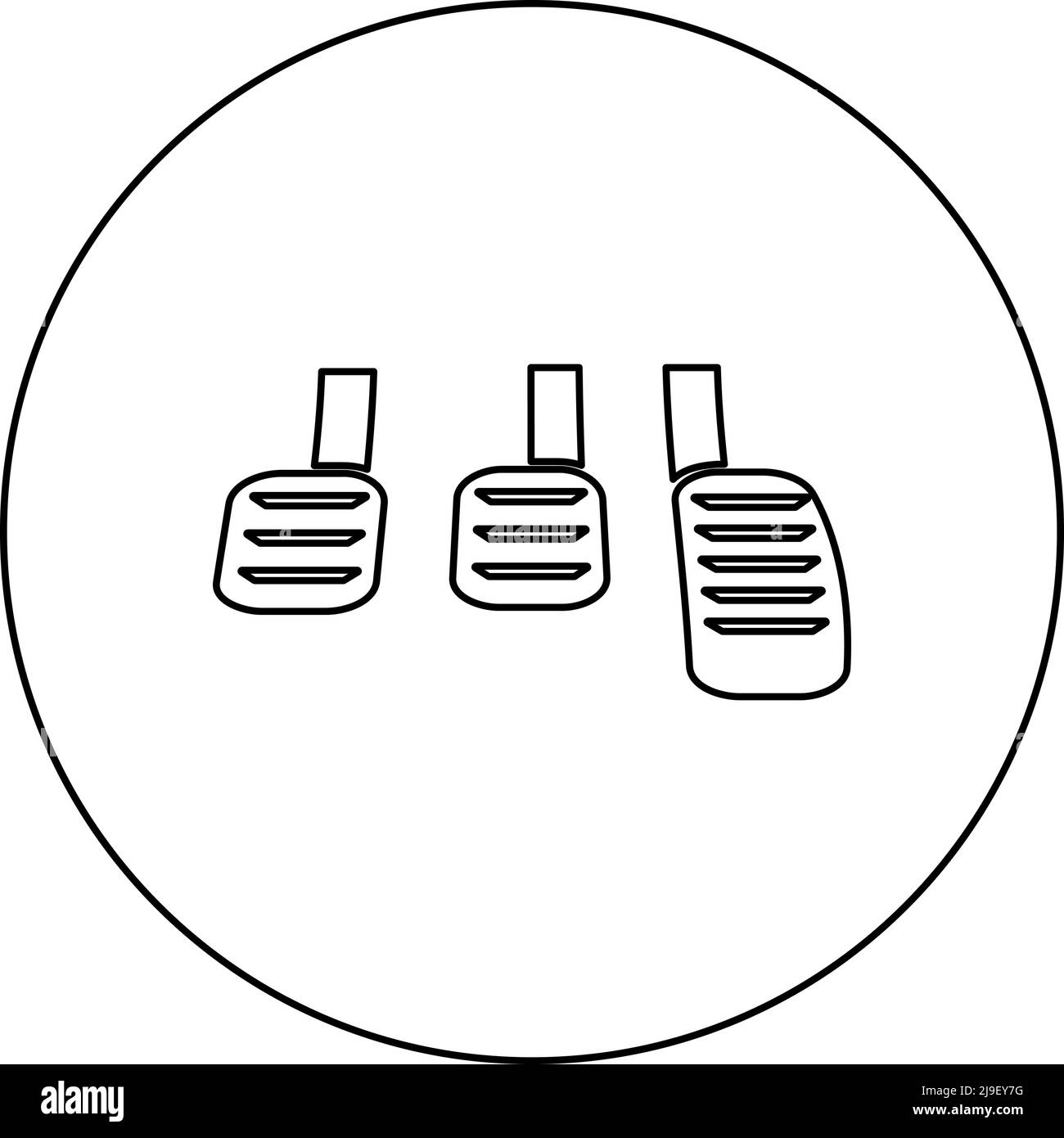 Pedali freno frizione acceleratore cambio manuale icona vettura in cerchio rotondo colore nero illustrazione vettoriale immagine contorno linea sottile stile Illustrazione Vettoriale