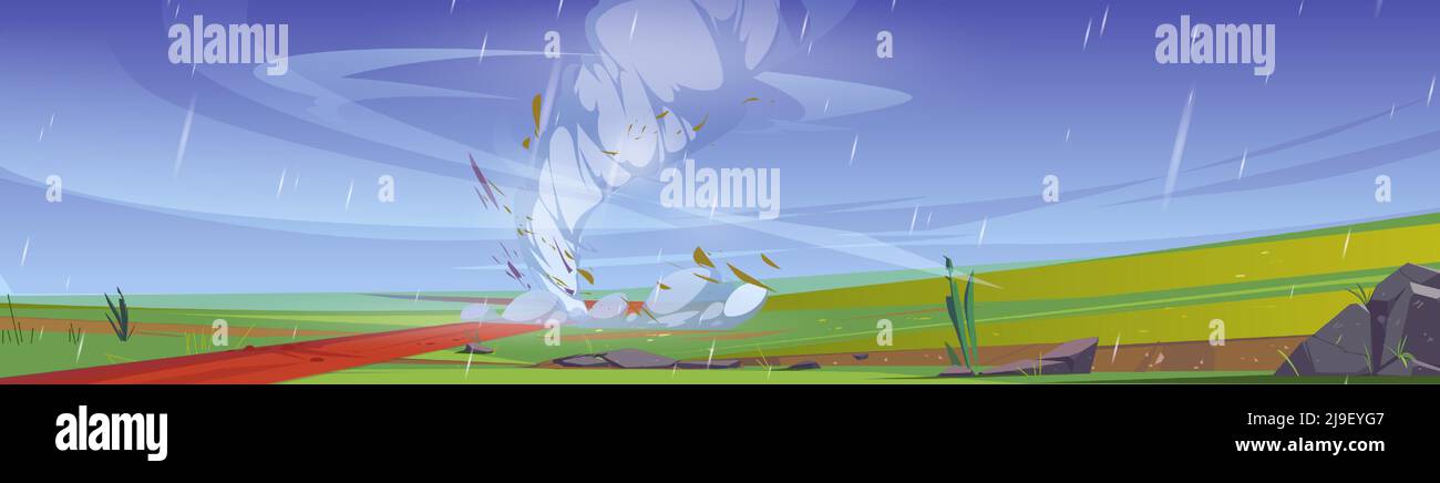 Tornado su campi con erba verde e strada. Illustrazione vettoriale del cartoon di disastro naturale con vortici di vento di tempesta sul paesaggio rurale estivo. Scena di campagna con twister Illustrazione Vettoriale