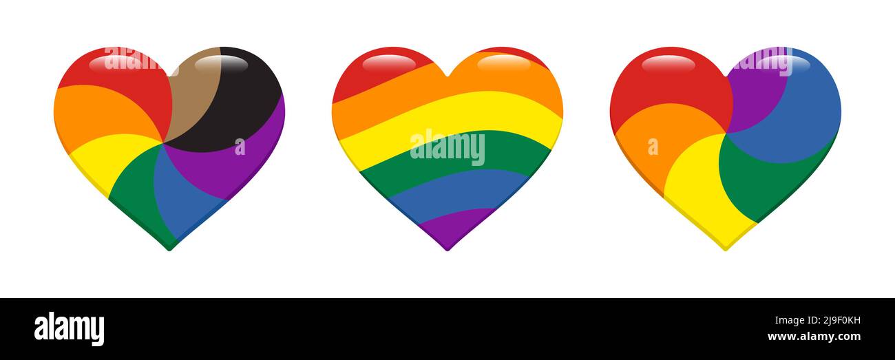 Set di icone a forma di cuore con flag Pride isolate in bianco. Illustrazione vettoriale Illustrazione Vettoriale