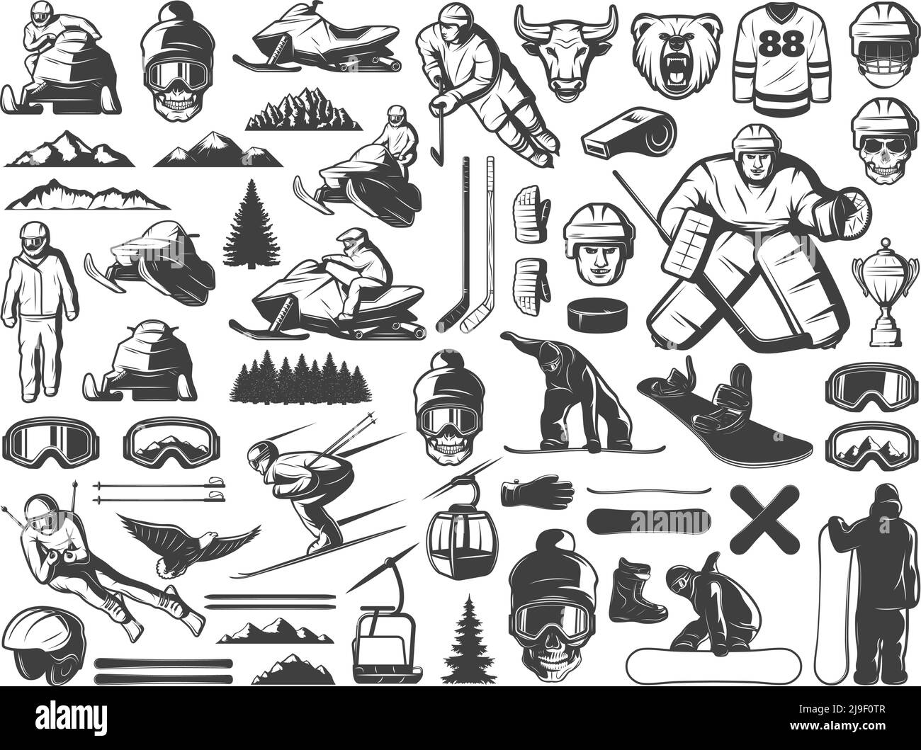 Collezione di icone di giochi invernali vintage con snowboard hockey su motoslitta attrezzature sportive da sci ed elementi naturali vettore isolato illustre Illustrazione Vettoriale