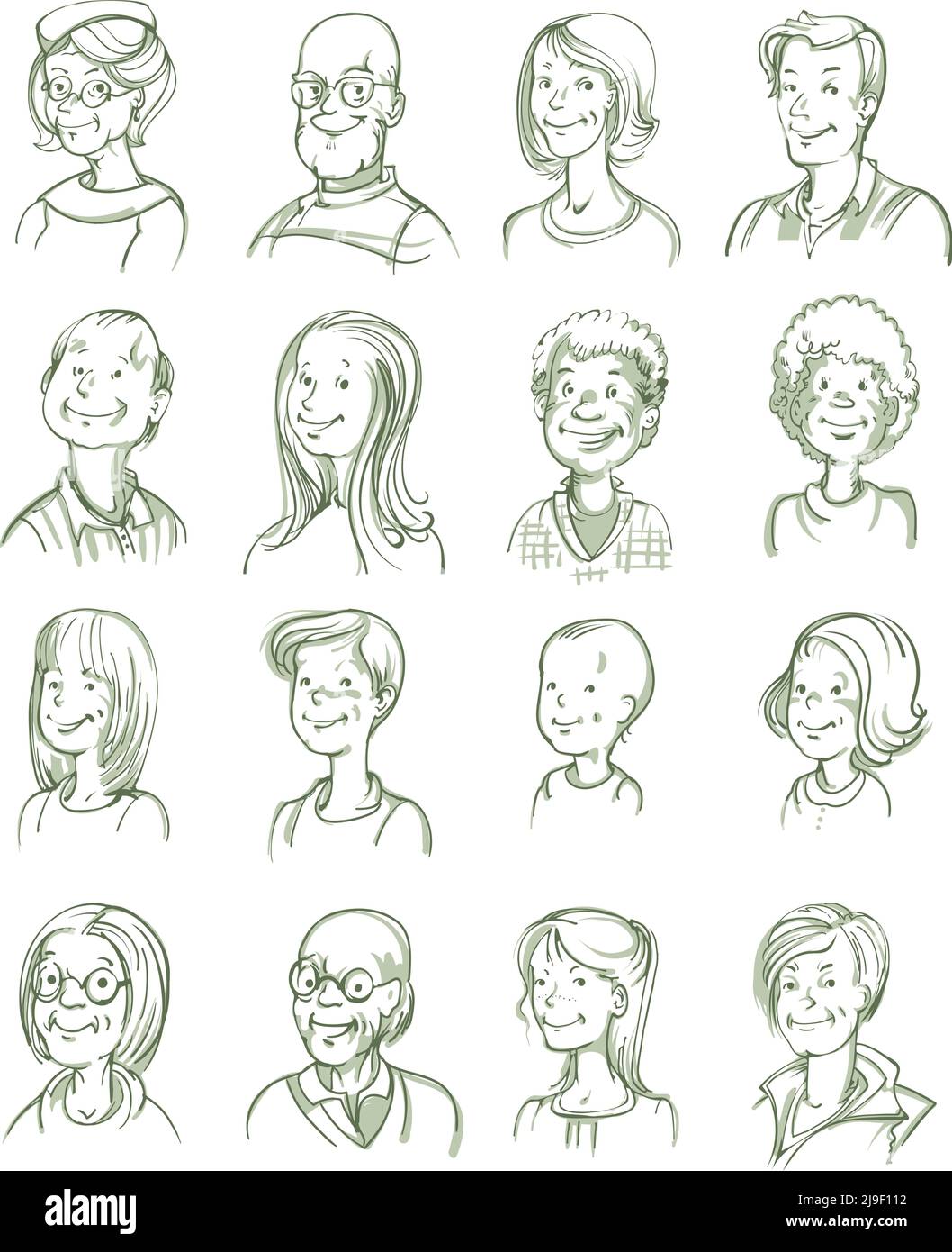 Set di ritratti in bianco e nero disegnati a mano di adulti sorridenti e. illustrazione vettoriale isolata di bambini di varie età Illustrazione Vettoriale