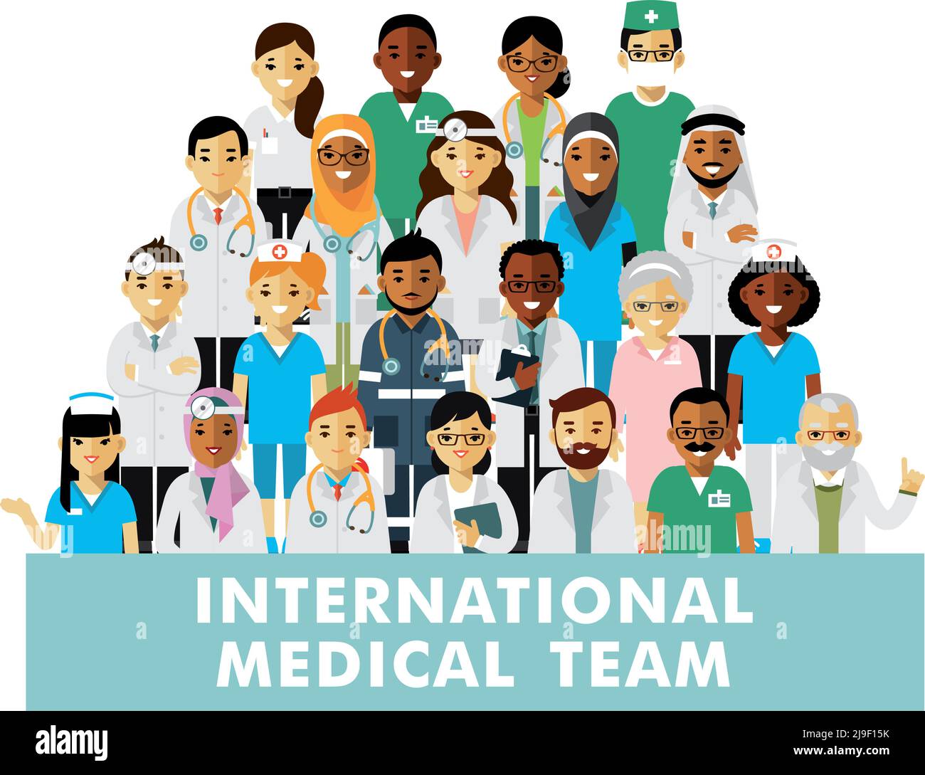 Gruppo di medici, infermieri, personale medico. Consulenza medica e diagnosi Illustrazione Vettoriale