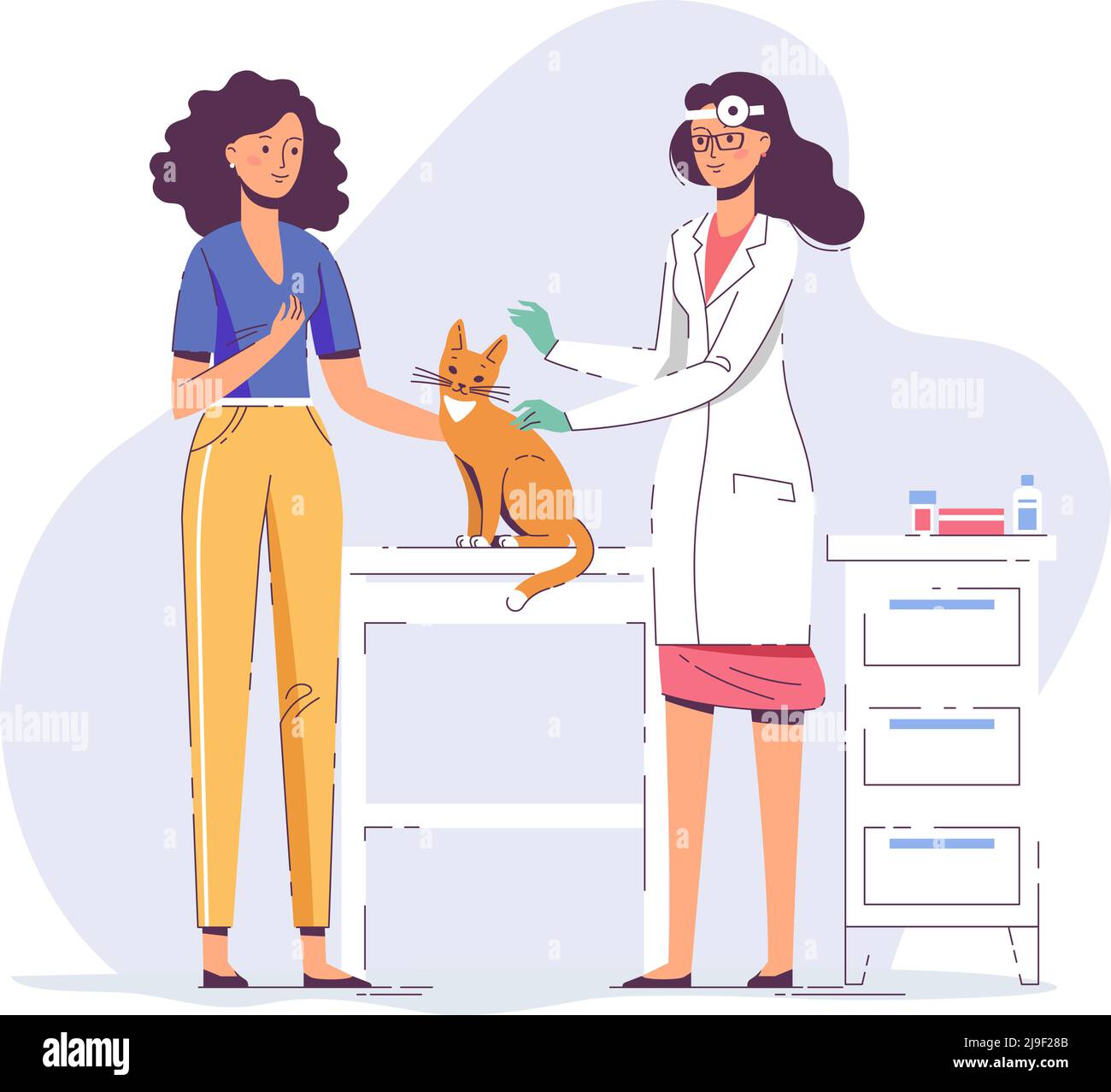 Il veterinario fa un esame medico per il gatto in ospedale. Assistenza sanitaria, trattamento medico, prevenzione e immunizzazione di animali domestici. Illustrazione Vettoriale