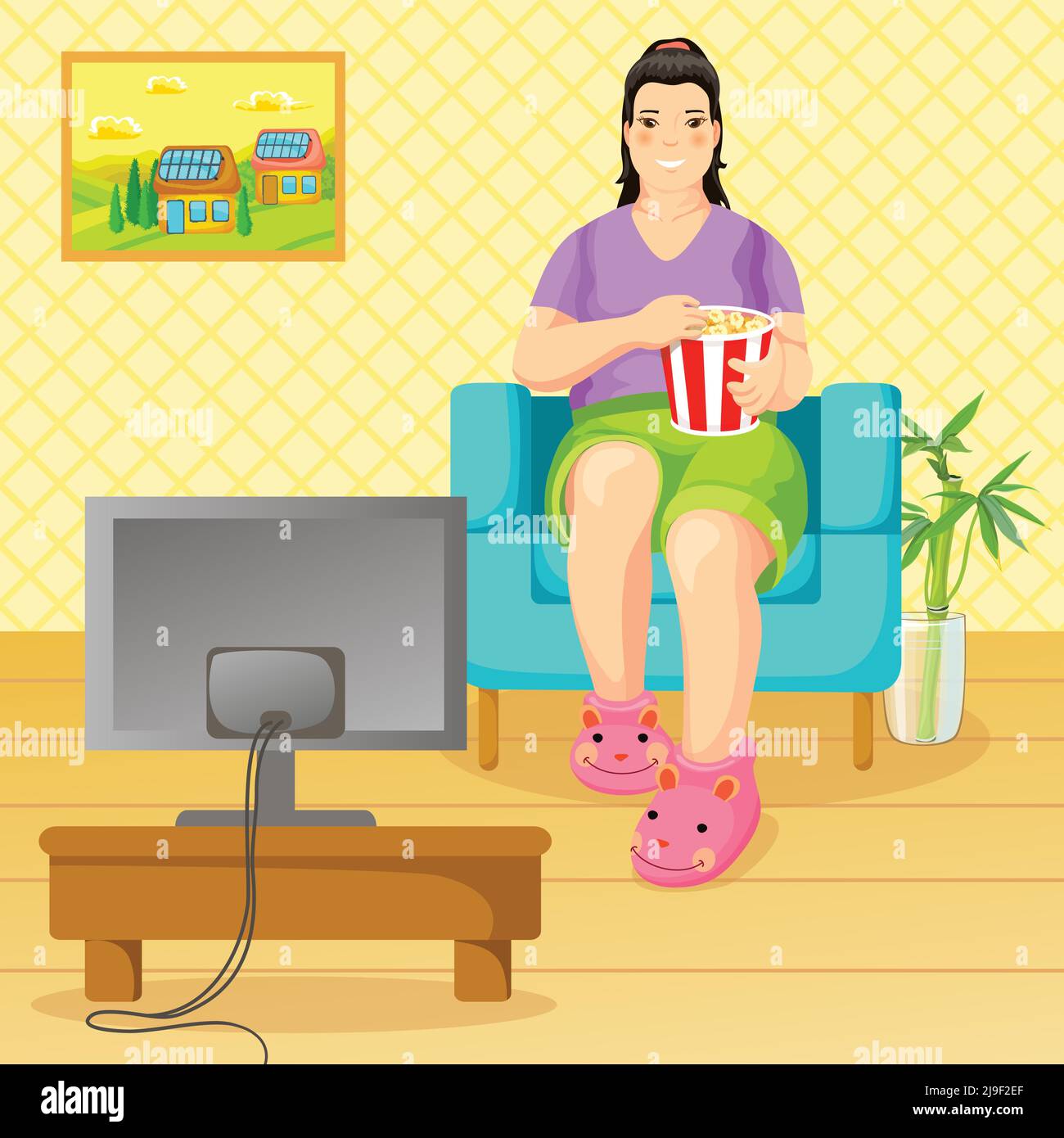 Cartone animato stile di vita malsano e concetto di nutrizione con la donna abese grassa seduto in poltrona mangiare popcorn e guardare la tv vettore illustrazione Illustrazione Vettoriale