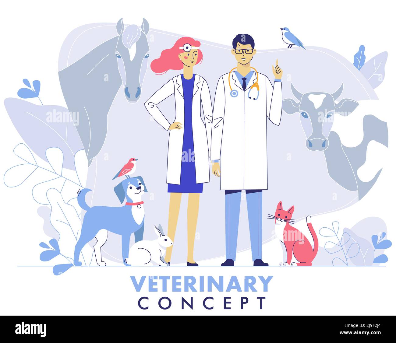 Giovane veterinario uomo e donna in piedi insieme con gatto, cane, mucca, cavallo, uccelli. Assistenza sanitaria, trattamento medico, prevenzione e immunizzazione di animali domestici. Illustrazione Vettoriale