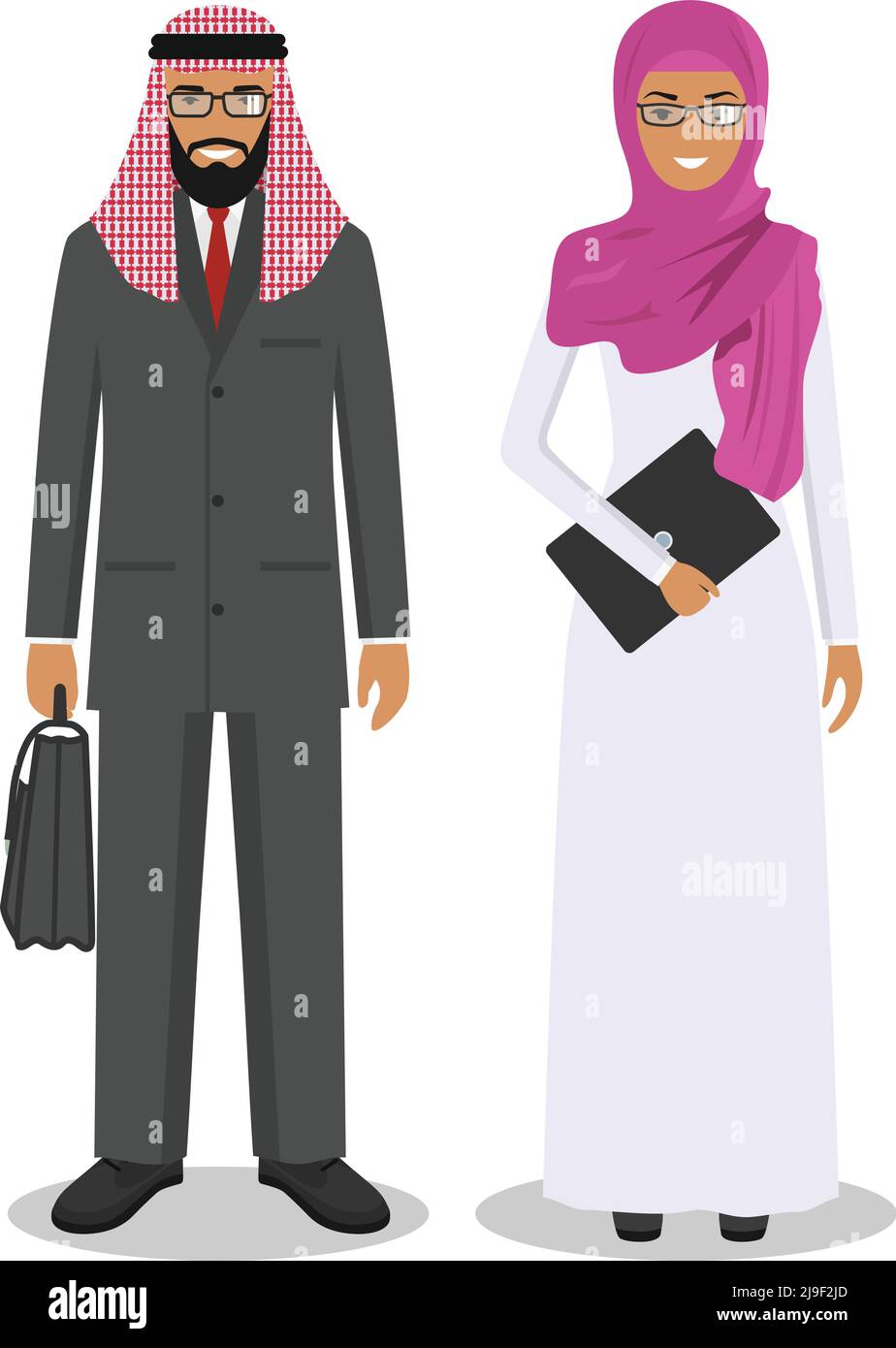 Gruppo di persone arabe creative isolate su sfondo bianco. Insieme di uomo e donna arabo di affari che si levano in piedi insieme. Carino e semplice in stile piatto. Illustrazione Vettoriale